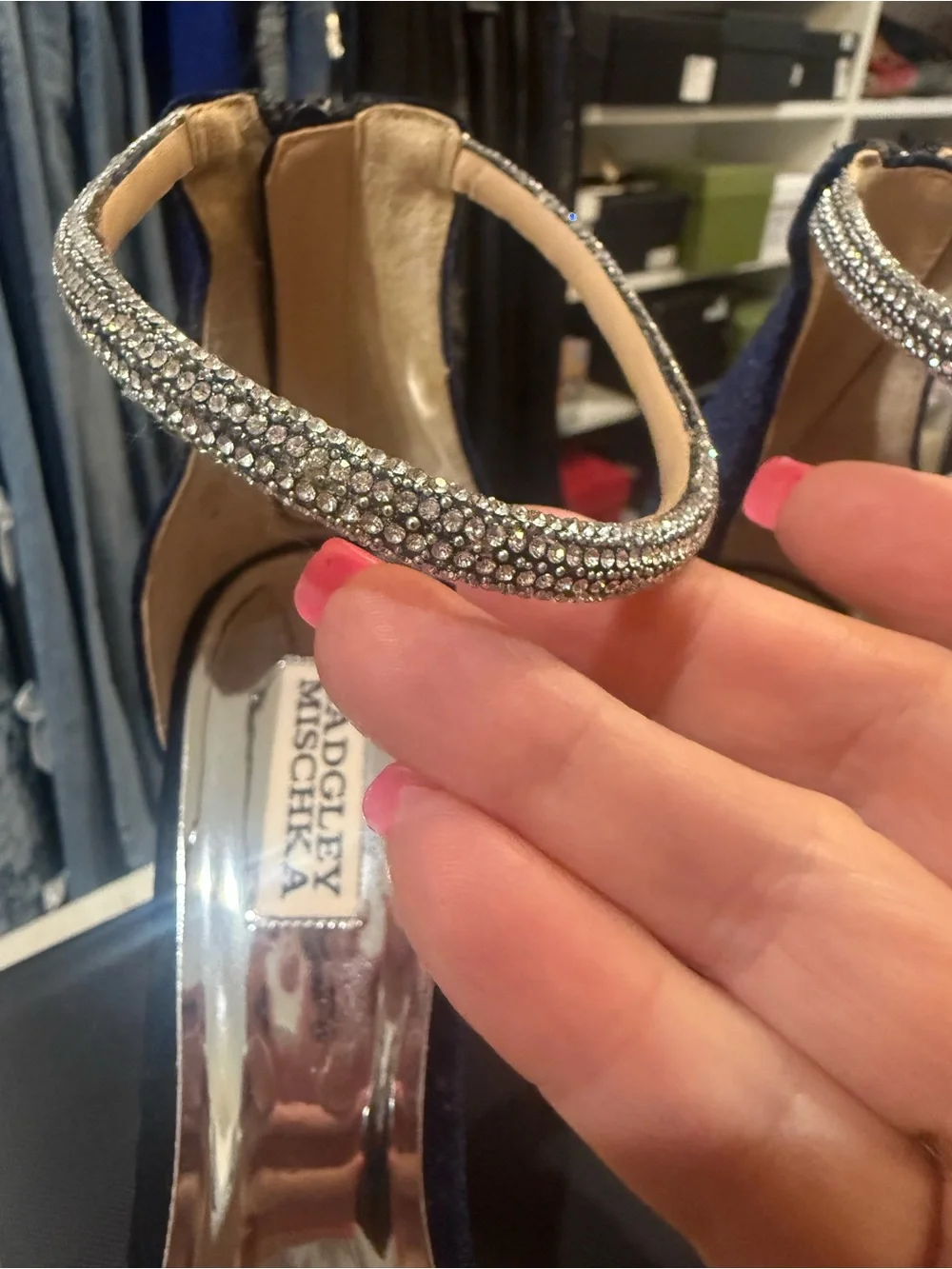 BADGLEY MISCHKA ankle Strap Embellished Marlow navy Stiletto with crystal New 11